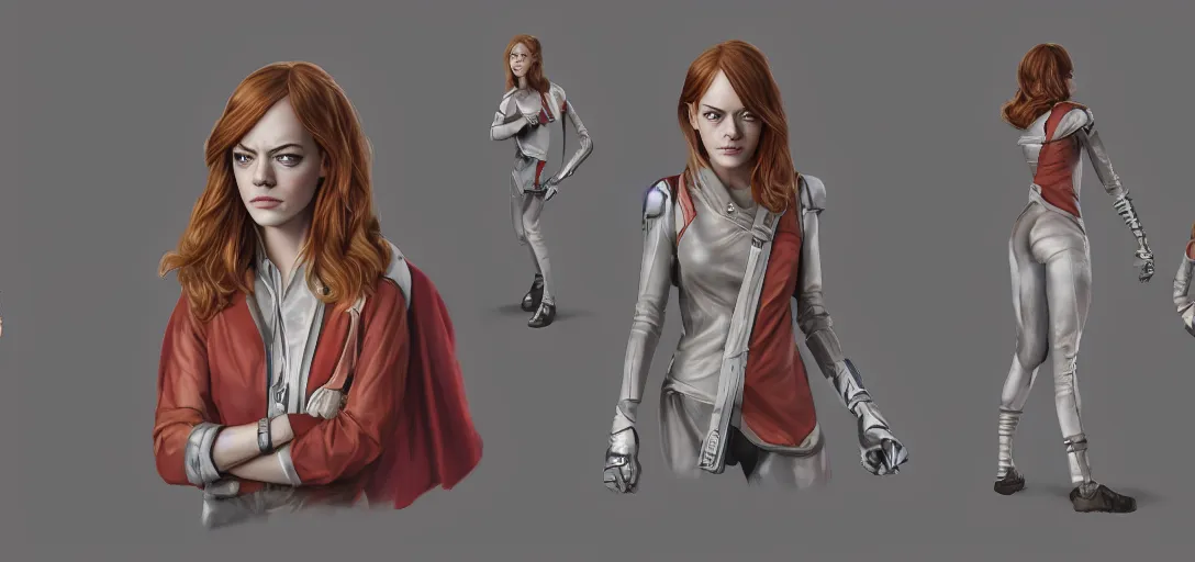 Image similar to character sheet concept art of emma stone as emma watson as a superhero, realistic, hyperrealistic, photographic, costume, wlop, dan mumford, greg rutkowski, high detail, octane render, alexander mcqueen, james gurney, james jean, mucha, photo, 8 k, intricate