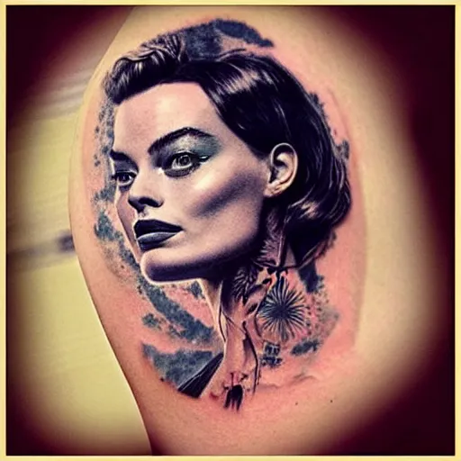 Image similar to surrealist tattoo design of margot robbie and nature double exposure effect, in the style of arlo dicristina, amazing detail