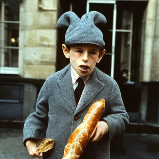 Prompt: a real photo by saul leiter of a small anthropomorphic dinosaur wearing a suit and standing in paris while holding a baguette, by helen levitt