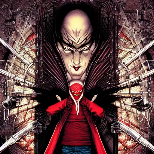 Image similar to portrait of eminem, vampire, symmetrical, by yoichi hatakenaka, masamune shirow, josan gonzales and dan mumford, ayami kojima, takato yamamoto, barclay shaw, karol bak, yukito kishiro