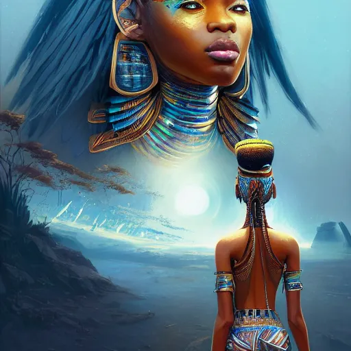 Image similar to highly detailed portrait of an african egyptian goddess, intricate alien technology, stephen bliss, unreal engine, fantasy art by greg rutkowski, loish, rhads, ferdinand knab, makoto shinkai and lois van baarle, ilya kuvshinov, rossdraws, tom bagshaw, global illumination, radiant light, detailed and intricate environment