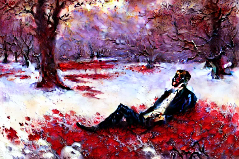 Image similar to winter, a clean - shaven white businessman relaxing under a world tree with red flowers, ground covered with snow, extreme long shot, painting by gaston bussiere, craig mullins, j. c. leyendecker, trending on artstation