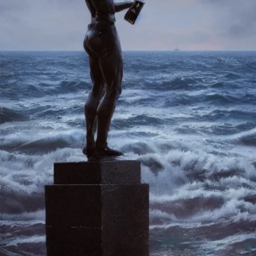 Image similar to a statue of a man holding a phone the background is the sea by greg rutkowski