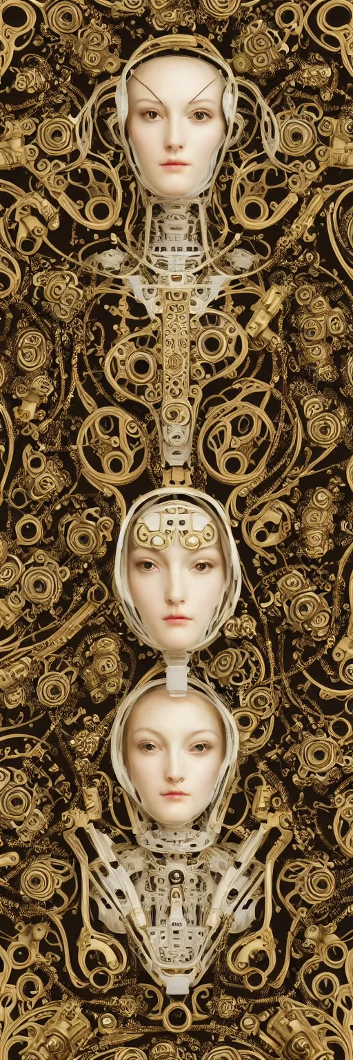 Image similar to seamless pattern of beautiful cybernetic baroque robot, beautiful baroque porcelain face + body is clear plastic, inside organic robotic tubes and parts, damask patern, front facing, wearing translucent baroque rain jacket, carved gold panel + symmetrical composition + intricate details, hyperrealism, wet, reflections + by alfonse mucha, no blur