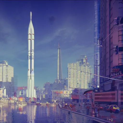 Image similar to ZAXXON as a city, bustling, rockets, atmospheric, hazy, sweltering, highly detailed, autochrome, 8k, reflections, octane render, unreal engine 5, in the style of Cézanne