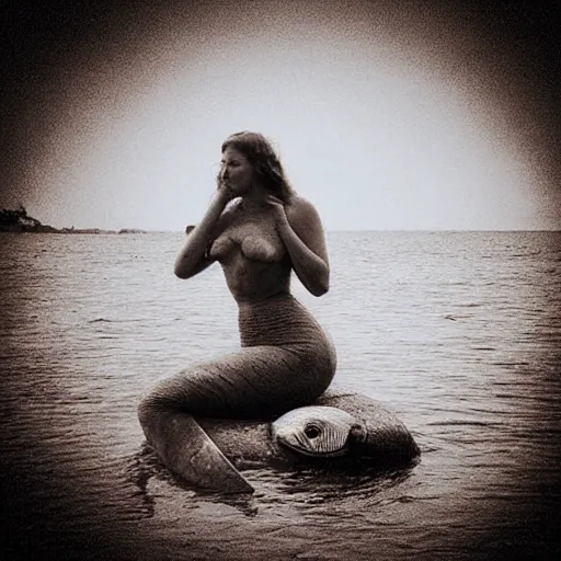 Prompt: “old photo of mermaid, only her face on top of water, next to boat, sepia”