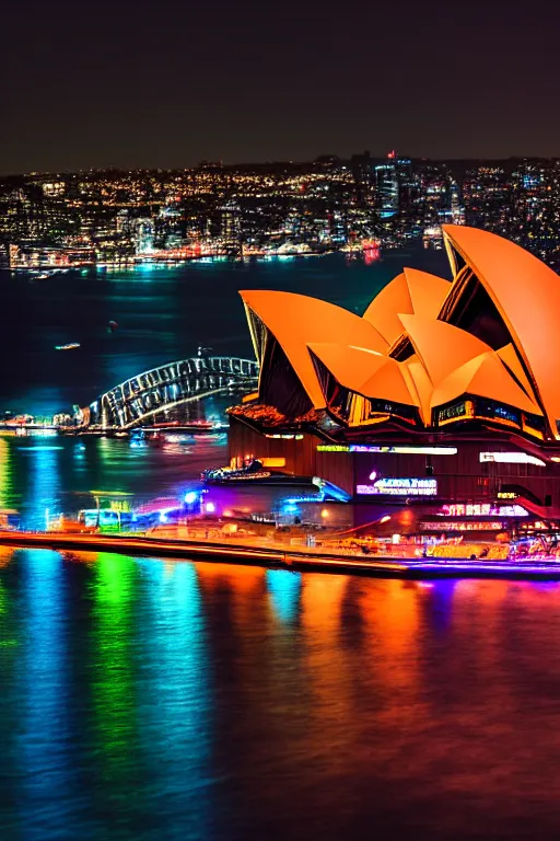 Image similar to neon streets of sydney opera, 4 k, award winning photo, cyberpunk style