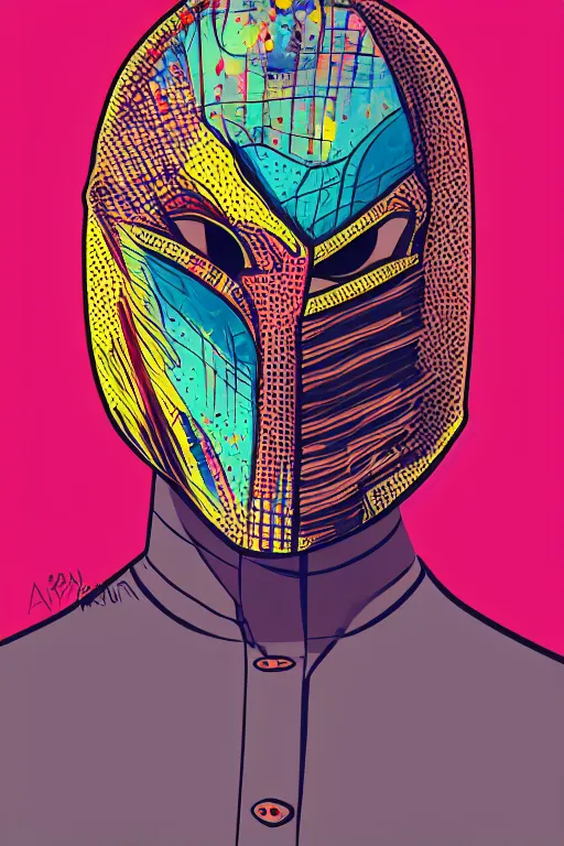 Image similar to random masked guy with blouse, pop art, aesthetic art, 8 k, asymmetrical, high details, digital painting, concept art, smooth, beautiful, full body perfect, sharp focus, illustration, intricate, art by arstation and mimmo rottela, pixels art by paul robertson