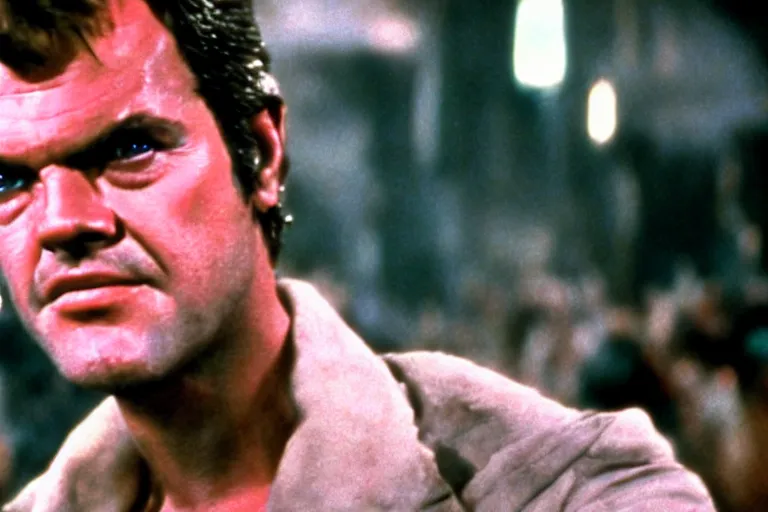Prompt: A young Jack Nicholson on blade runner 1982, movie still, face close-up, in color, detailed face, 4k,