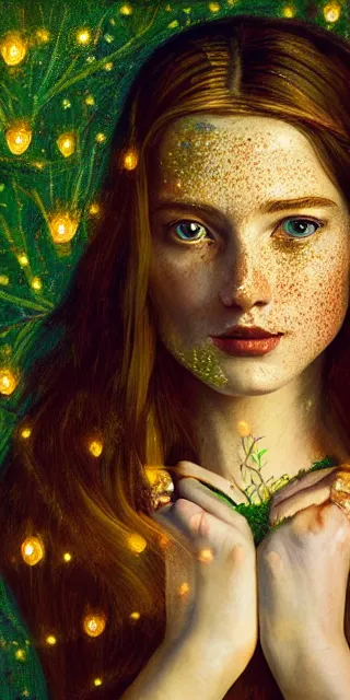 Image similar to a totally enchanted young woman surrounded by golden firefly lights in a mesmerizing scene, sitting amidst nature fully covered, intricate detailed dress, long loose red hair, precise linework, accurate green eyes, small nose with freckles, smooth oval head, expressive emotions, hyper realistic ultrafine portrait by artemisia gentileschi, jessica rossier, artgerm