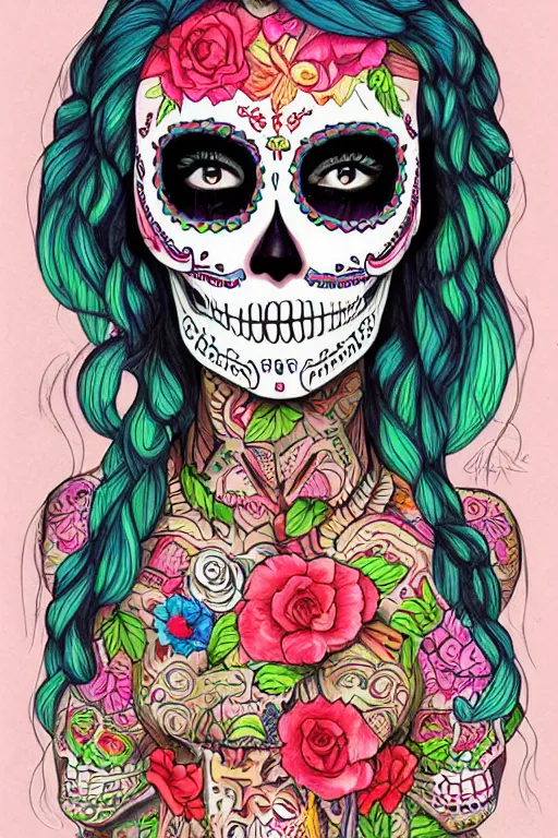 Prompt: Illustration of a sugar skull day of the dead girl, art by martine johanna