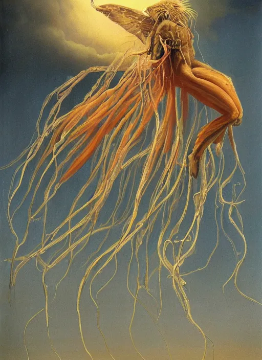 Prompt: an anatomical oil painting of a jellyfish Harpy from a medical journal by Julie Bell and Scott Listfield, highly detailed, high detail, 8k, storm clouds, birds, dramatic lighting