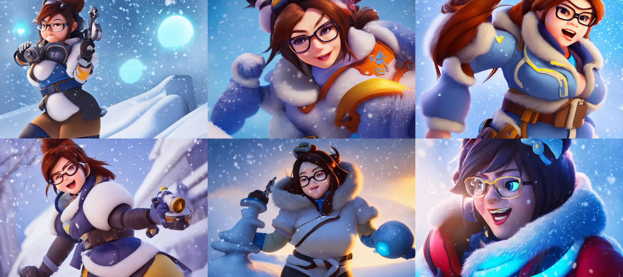 Image similar to hyperdetailed mei from overwatch as a disney pixar character, hd texture, beautiful 3D render, 8k, octane render, soft lighting, hyperrealistic, in the snow, sharp focus, golden hour, specularity, Mei-Ling Zhou