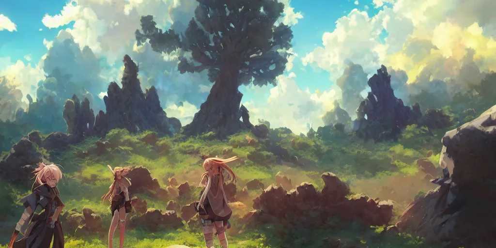 Image similar to isekai masterpiece by mandy jurgens, irina french, rachel walpole, and alyn spiller of an anime woman standing tree log looking up at giant crystals, high noon, cinematic, very warm colors, intense shadows, ominous clouds, anime illustration, anime screenshot composite background