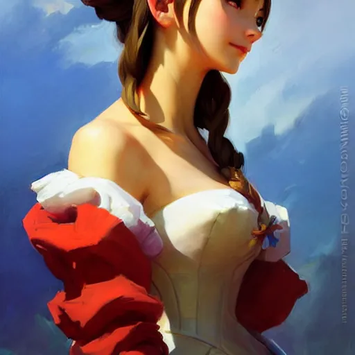 Image similar to Greg Manchess portrait painting o Aerith Gainsborough as Overwatch character, medium shot, asymmetrical, profile picture, Organic Painting, sunny day, Matte Painting, bold shapes, hard edges, street art, trending on artstation, by Huang Guangjian and Gil Elvgren and Sachin Teng