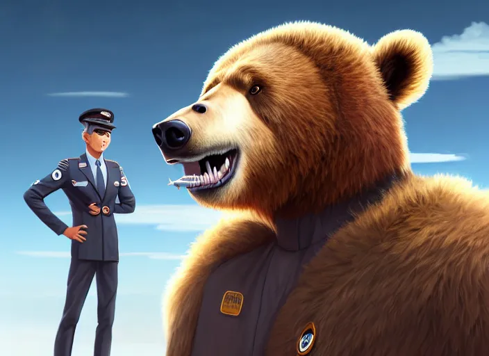 Prompt: character portrait feature of the anthro male anthropomorphic kamchatka brown bear fursona wearing airline pilot outfit uniform professional pilot for the us air force character design stylized by charlie bowater, ross tran, artgerm, and makoto shinkai, detailed, soft lighting, rendered in octane, maldives in background