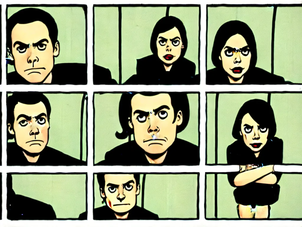 Image similar to a single comic panel by Daniel Clowes, 3/4 low angle view wide shot of two people sitting in an empty Chicago subway train, in front of windows: a sad Aubrey Plaza in a parka and a friendly Mads Mikkelsen in a suit