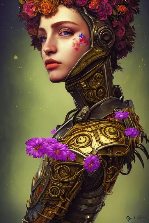 Image similar to portrait of beautiful young mainem, warhammer, cyber armor, a lot of more scars, more and more flowers, the middle ages, highly detailed, artstation, illustration, sylvari portrait, 8 k quality, art by gustav klimt