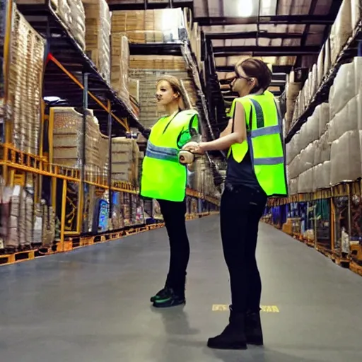 Image similar to photo, extreme far shot, emma watson in a hi vis vest, in warehouse, android cameraphone, 2 6 mm,