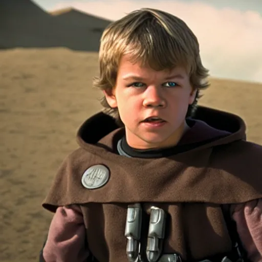 Image similar to young matt damon as luke skywalker in star wars episode 6, 8k resolution, full HD, cinematic lighting, award winning, anatomically correct