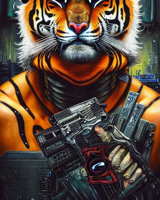 Image similar to a portrait of a muscular anthropomorphic cyberpunk tiger by sandra chevrier, by jon foster, detailed render, pistol in holster, tape deck, epic composition, cybernetics, 4 k realistic, cryengine, realistic shaded lighting, sharp focus, masterpiece, by enki bilal