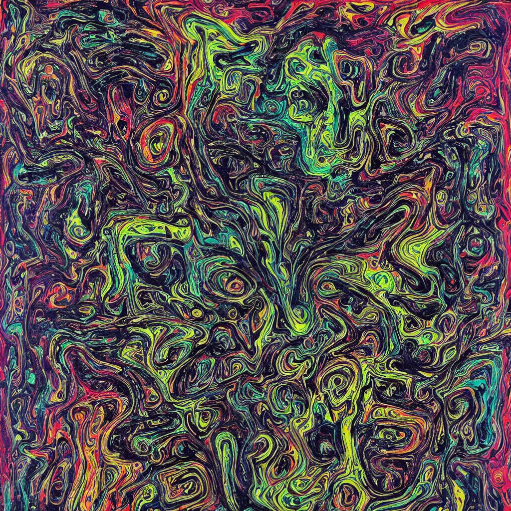 Image similar to colorful topo camo, swirls, technical, acrylic, eyes, teeth, death metal, eerie, tribal, clay, dotting, lines, stipple, points, cybernetic, style of old painting, francis bacon art, sleep paralysis, hypnosis, eerie, terror, oil, neon, black and white, color splotches, colorful dots, ominous, abstract