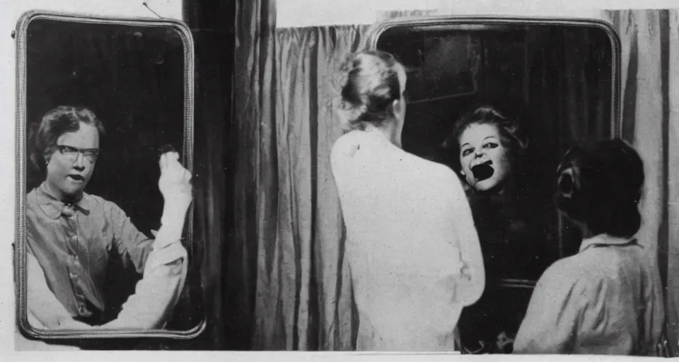 Prompt: vintage photo of a person looking into a mirror and a friend frightening creature is looking back at them