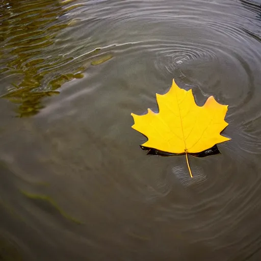 Image similar to close - up of a yellow maple leaf floating on top of a pond