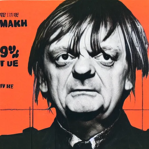 Image similar to mark e smith with a price tag on his head that says for sale