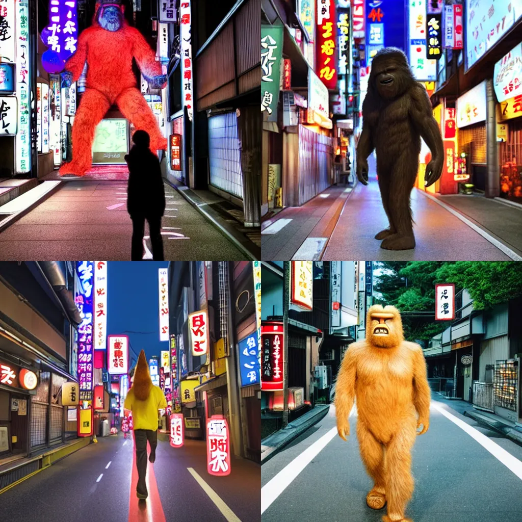 Prompt: - i bigfoot walking through the streets of Japan with neon signs lining the streets illumated