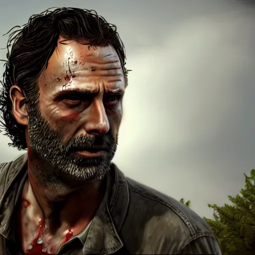 Image similar to rick grimes, the walking dead, zombies, head and shoulders shot, sharp focus, digital art, Hyper-realistic, 4K, Unreal Engine, Highly Detailed, HD, Dramatic Lighting by Brom, trending on Artstation