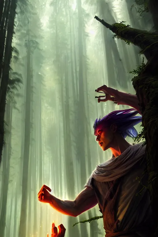 Image similar to a human elemental sorcerer, forest setting, colorful magic, male, white skin, young, sharp focus, concept art, dynamic lighting, unreal engine, by greg rutkowski, emylie boivin and kyle herring