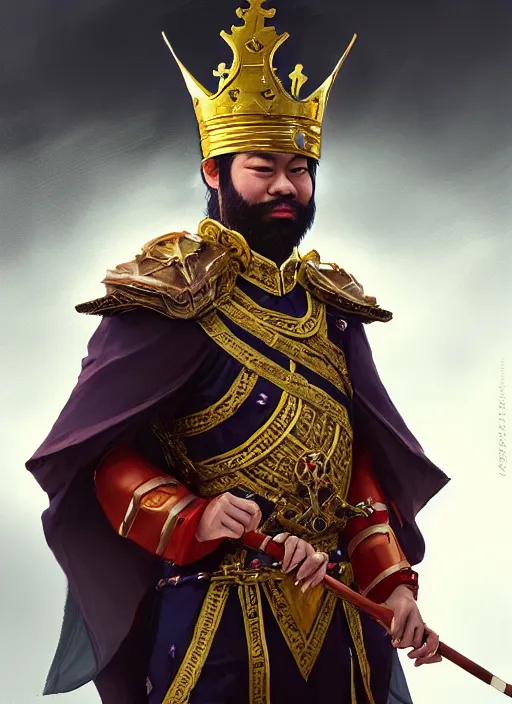 Prompt: gm hikaru nakamura dressed as a king, fantasy portrait, artstation, extremely detailed artgerm greg rutkowski