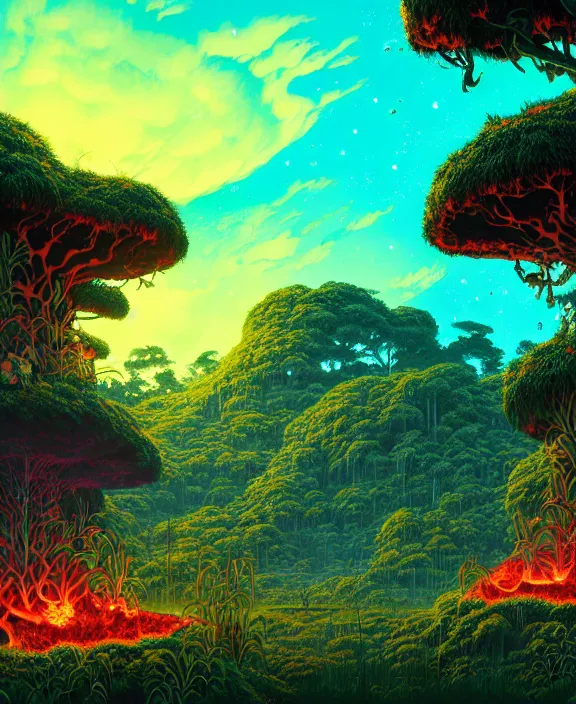 Image similar to simplicity, a schoolhouse made out of exotic fungus, overgrown with lush floral jungle, milky way, hellscape, hell, fire, brimstone, lava, biological, by dan mumford, yusuke murata, makoto shinkai, ross tran, cinematic, unreal engine, cel shaded, featured on artstation, pixiv