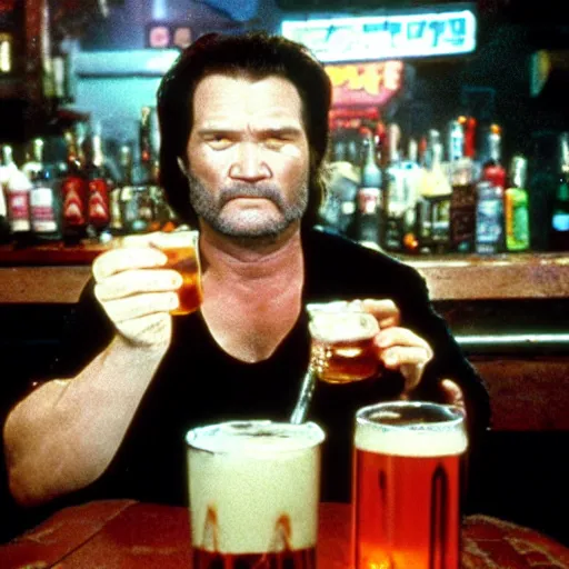 Image similar to Big trouble in little China, Jack Burton drinking beer, Chinatown bar, amazing shot, colorized, 1987