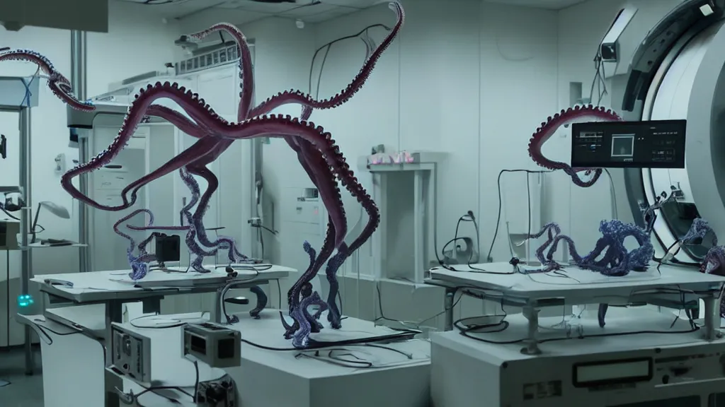 Image similar to a complex mri 3 d printer machine making colorful mutant octopus forms and control panels in the laboratory inspection room, film still from the movie directed by denis villeneuve with art direction by salvador dali, wide lens