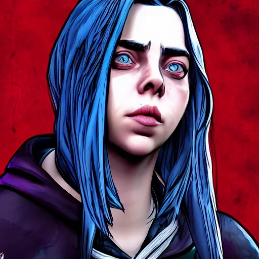 Image similar to billie eilish portrait, borderlands, tales from the borderlands, the wolf among us, comic, cinematic lighting, studio quality, 8 k