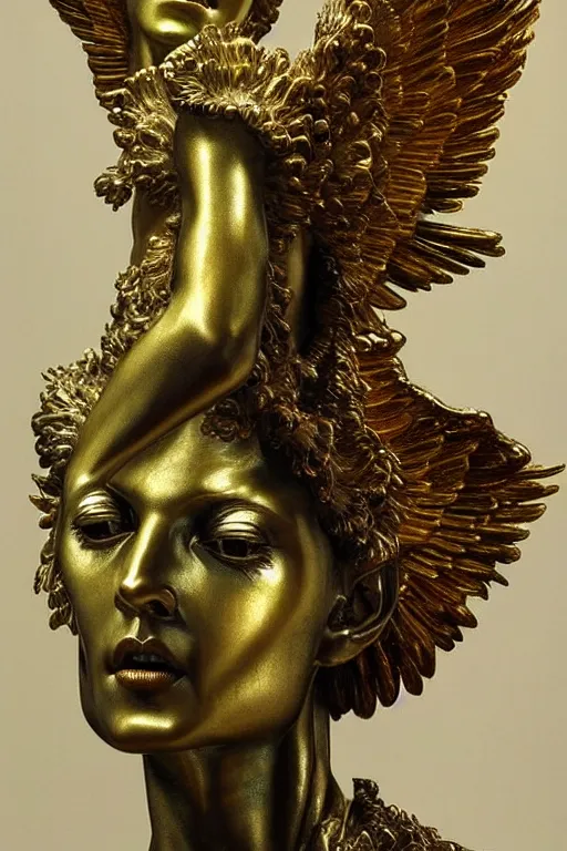 Prompt: realistic detailed statue the holy sacred mechanic angel with ethereal golden wings, made by Karol Bak, Mark Brooks and Bernini. Rich colors. Beksinski and Gerhard Richter painting. Masterpiece