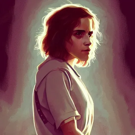 Prompt: Emma Watson in the show Stranger Things, digital painting, artstation, concept art, sharp focus, illustration, art by greg rutkowski and alphonse mucha, highly detailed