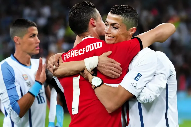 Image similar to ishowspeed hugging cristiano ronaldo