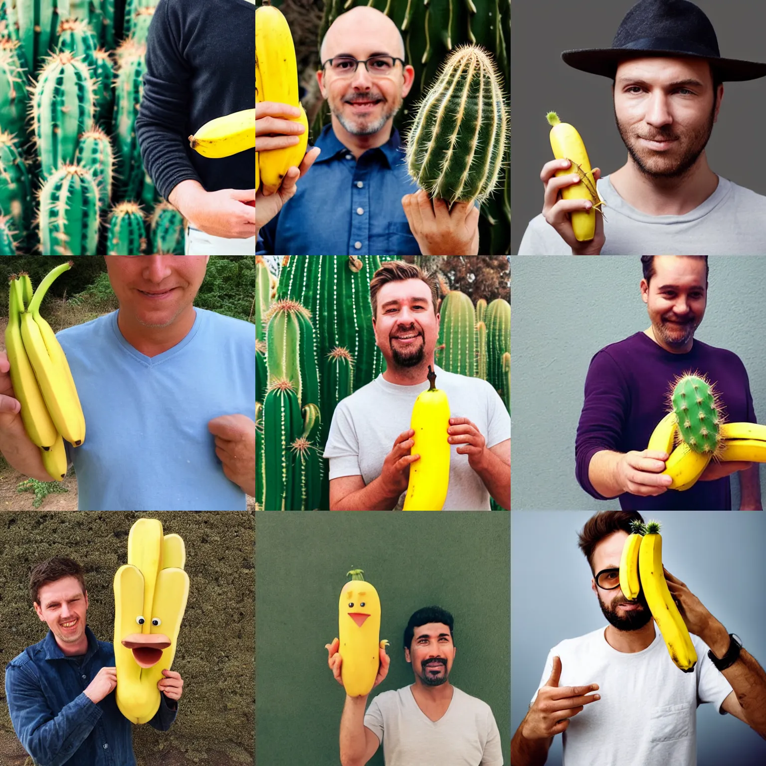 Prompt: A man holding a banana looking like a cactus