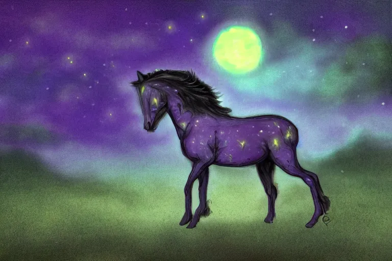 Image similar to a digital painting of a sad horse that's lost on an extraterrestrial planet, strange plants, purple lighting, night sky, glows,