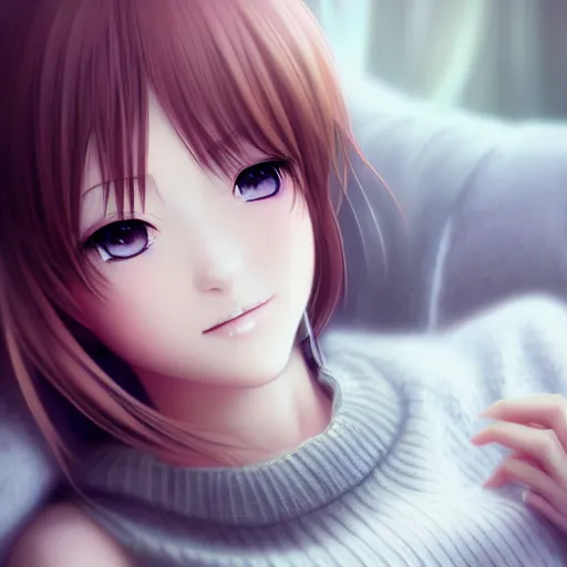 Image similar to beautiful serene intricate portrait of a realistic anime girl, smiling softly, wearing casual clothes, relaxing on the couch, interior lighting, cozy living room interior, soft focus, 8 k, art by irakli nadar, hyperrealism, hyperdetailed, ultra realistic
