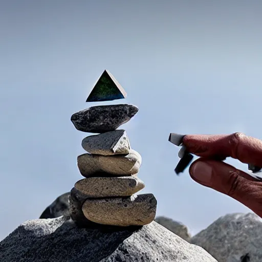 Prompt: a robot creating a stone pyramid with the tip of its finger, cinematic