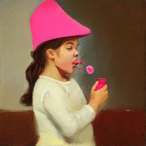 Image similar to A cute girl blowing gum in her mouth, wearing a pink hat, oil painting