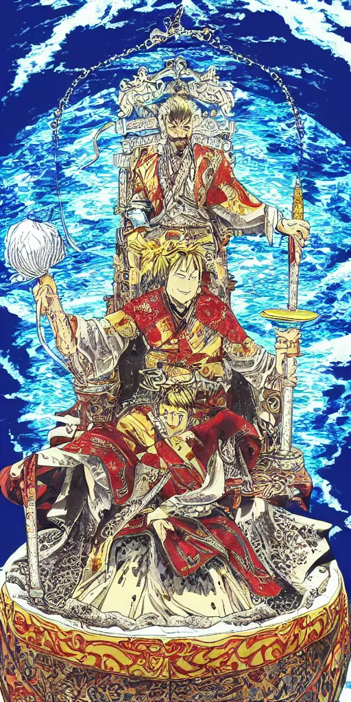 Prompt: a lone emperor sitting on a throne floating on water in the middle of a lake drawn by Makoto Yukimura in the style of Vinland saga anime, full color, detailed, psychedelic