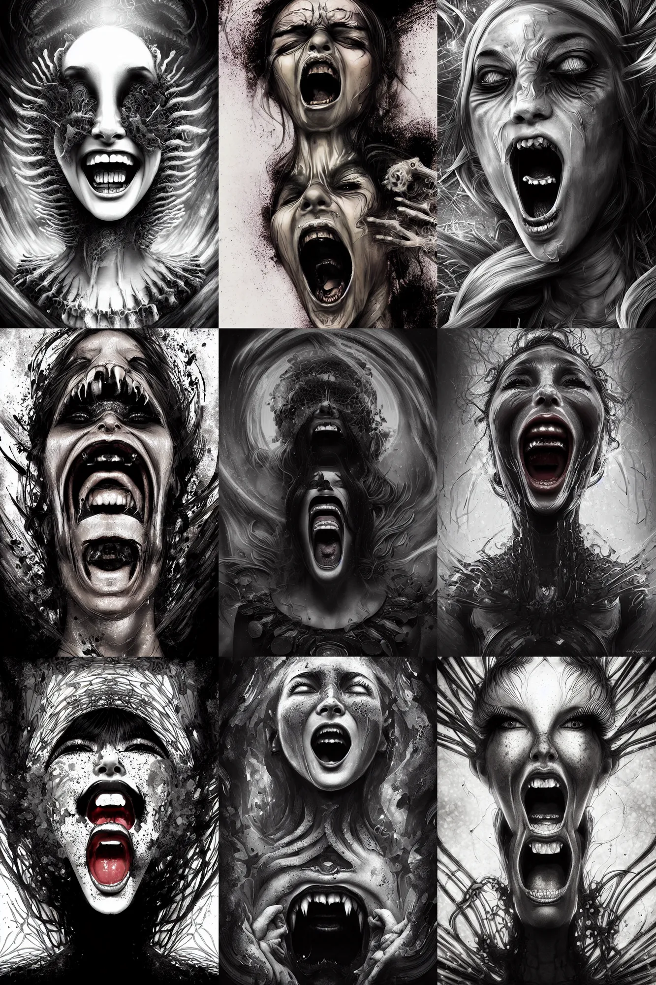 Prompt: portrait of a young woman screaming in agony. speed painting, fractal, mandelbulb, lines, black on black, black and white photograph. by godmachine and dzo and rossdraws and kuciara and giger and mucha