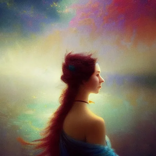 Image similar to three-quarters portrait, skin flaking off like burnt paper, different colored multicolored eyes, long flowing hair underwater, imagination cosmic dream, dreamy, 8k artgerm bokeh, award winning photography, trending on artstation, by Ivan Aivazovsky and Odilon Redon