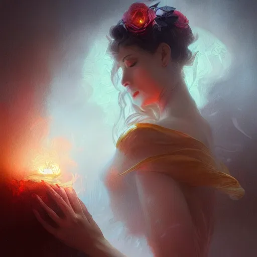 Image similar to a Rose on fire, fog, volumetric lighting, intricate, elegant, highly detailed, digital painting, artstation, concept art, smooth, sharp focus, illustration, art by artgerm and greg rutkowski and alphonse mucha