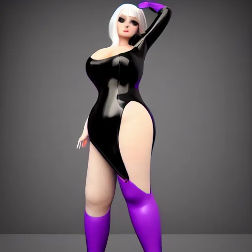 Image similar to curvy feminine hot goth cutie in a sublime elegant polished black latex neck-high outfit with purple trim, thin waist, cgsociety, photorealistic, comfy ambience, idealistic, 16k, smooth, sharp focus, trending on ArtStation, volumetric lighting, fully clothed, worksafe